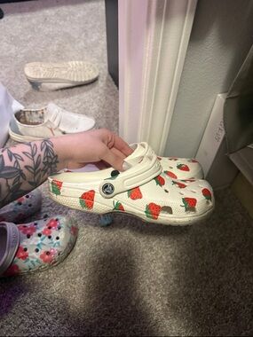 White adult Clog Shoes with Strawberry Print